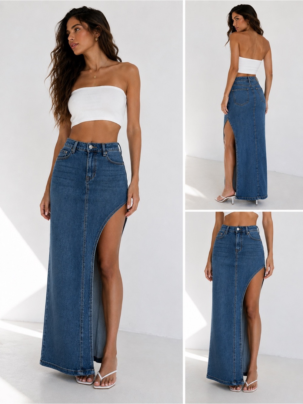 Discovery Blue Denim Maxi Skirt with High Thigh Slit